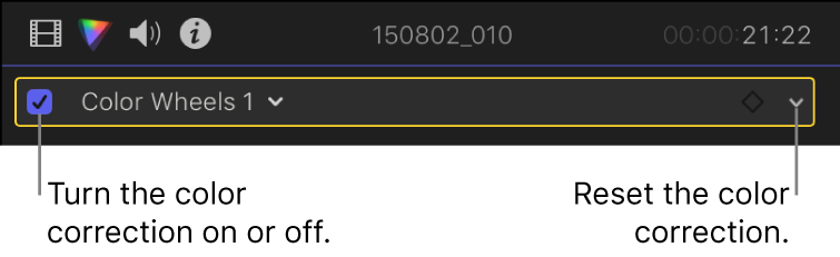 The Color inspector showing a color correction with a checkbox on the left and a pop-up menu on the far right