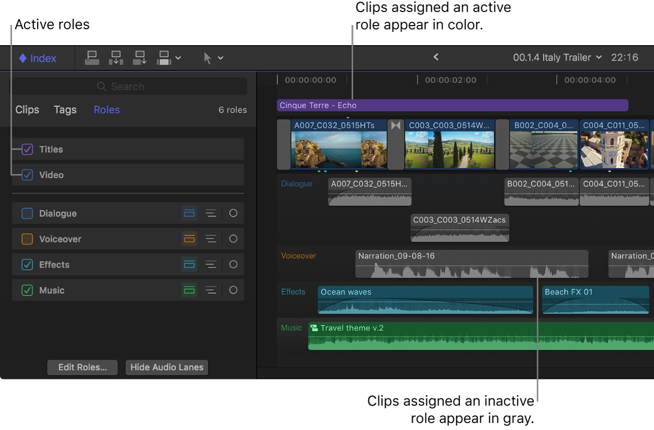 Two roles selected in the timeline index, and clips with those roles assigned appearing in color in the timeline, while clips whose roles are deselected appear in gray