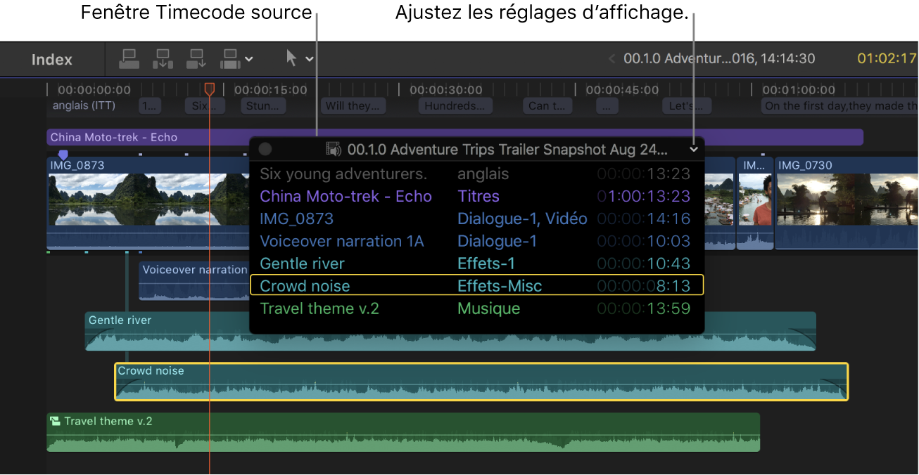 Fenêtre du timecode source s’affichant sur des plans dans la timeline et montrant le timecode source des plans au niveau de la tête de lecture