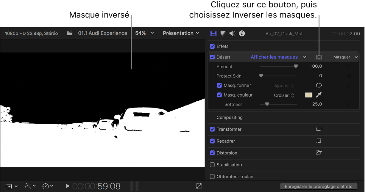 Visualiseur à gauche affichant un canal alpha du masque interverti et inspecteur vidéo à droite affichant le bouton Appliquer des masques d’effet