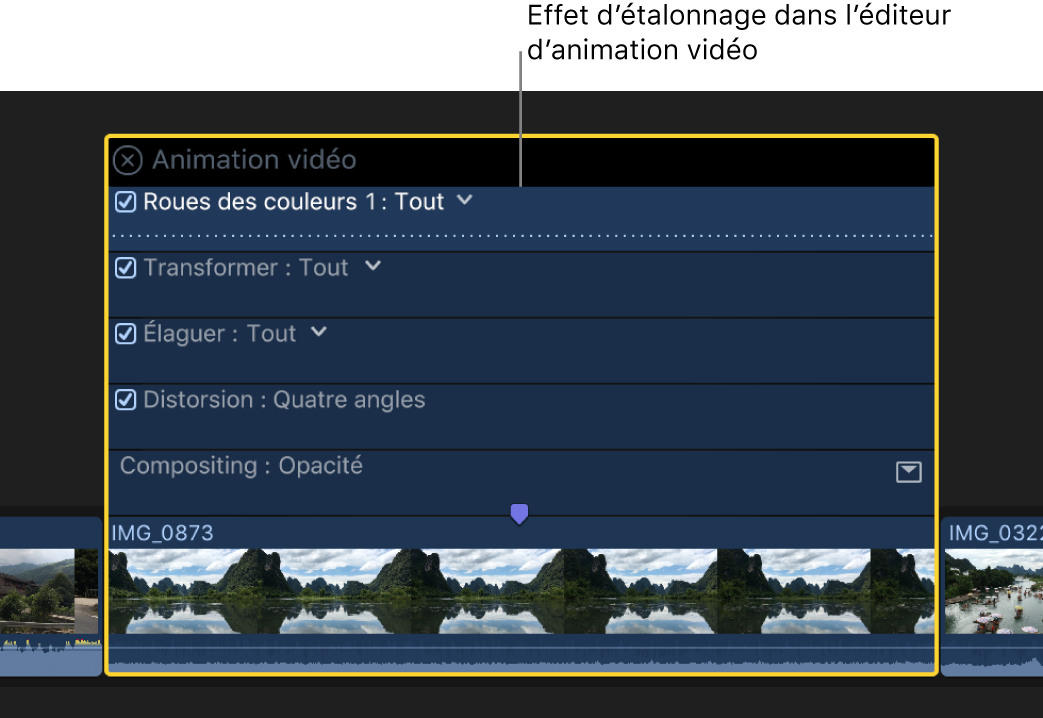 Effet d’étalonnage dans l’éditeur d’animation vidéo au-dessus d’un plan vidéo dans la timeline