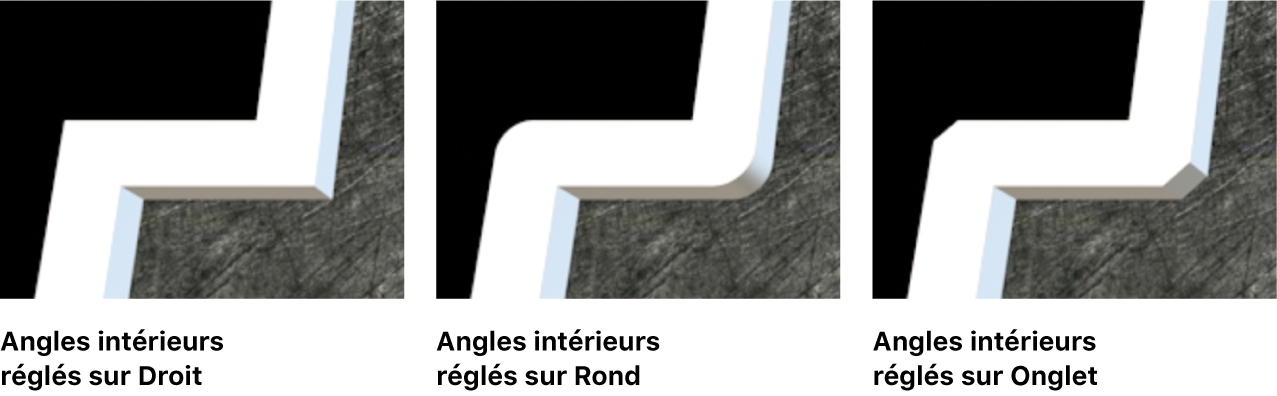 Trois instances de texte 3D dans le visualiseur avec ses Coins intérieurs réglés sur Droit, Rond et Angle