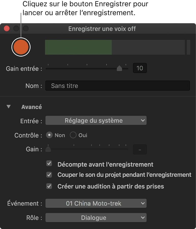 Fenêtre « Enregistrer une voix off »