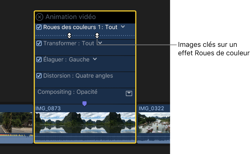 Éditeur d’animation vidéo avec des images clés sur un effet d’étalonnage