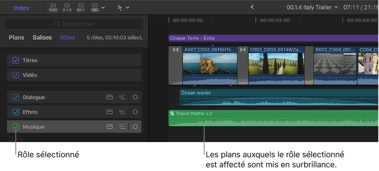 Rôle Musique sélectionné dans l’index de la timeline, et plans audio affichés en surbrillance dans la timeline, auxquels ce rôle est affecté