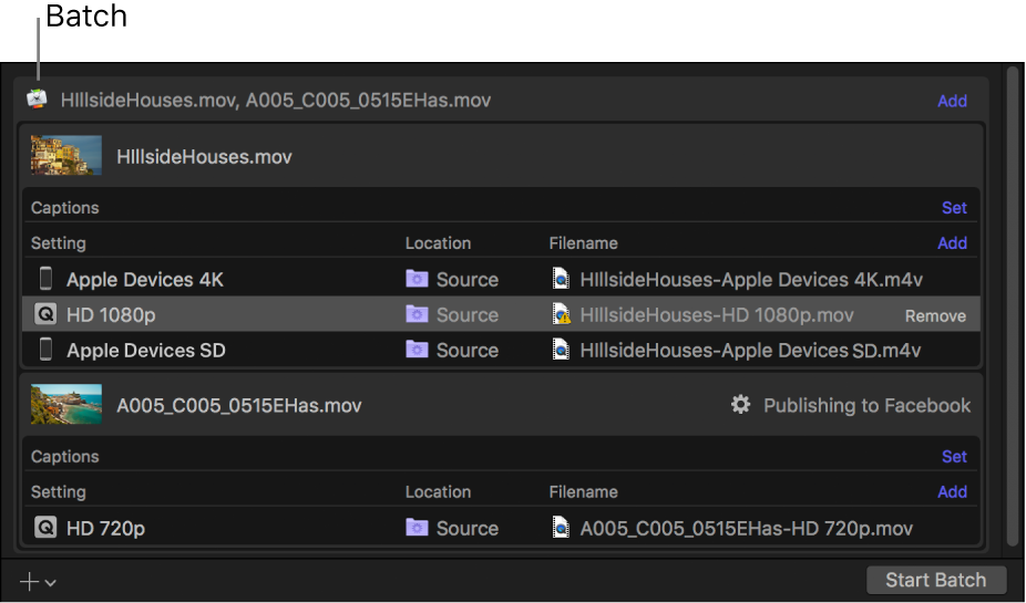 Batch area showing batch header