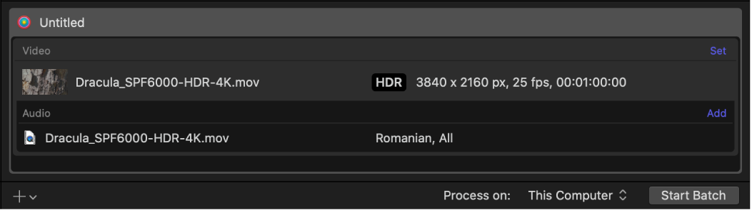 Batch area showing an output row for HDR video.