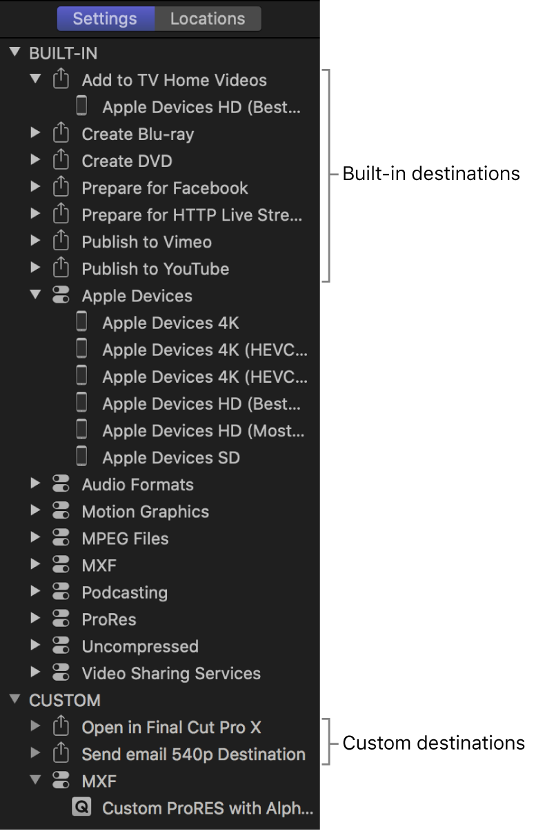 Settings pane showing built-in and custom destinations.