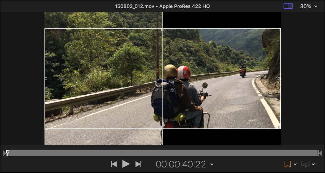 Área de vista previa con un ejemplo de recorte de Panavision 2.35:1 desde un origen 16 x 9.