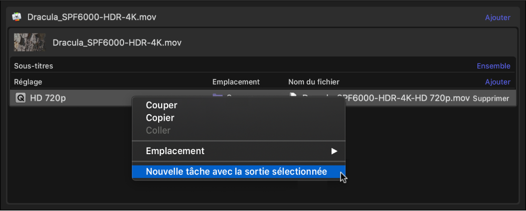 Zone du lot reprenant le menu contextuel Tâche