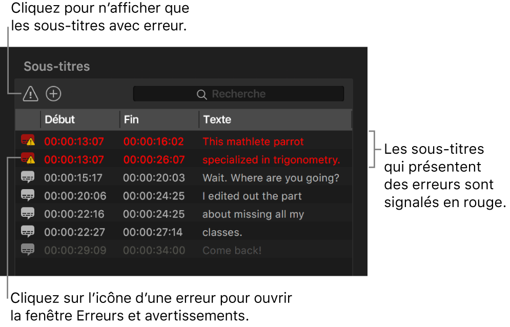 Liste Sous-titres montrant des sous-titres avec des erreurs indiqués en rouge