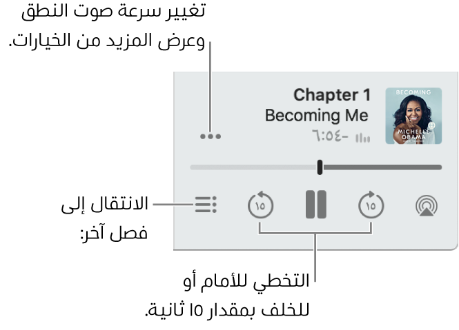 مشغل الكتب الصوتية في الكتب، يعرض زر المزيد من الخيارات (بالقرب من الزاوية العلوية اليسرى)، وزر جدول المحتويات (بالقرب من الزاوية السفلية اليسرى)، وزري تخطي للأمام وتخطي للخلف (بالقرب من أسفل اليمين واليسار).