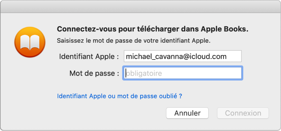 La zone de dialogue permettant de se connecter à l’aide d’un identifiant Apple et d’un mot de passe.