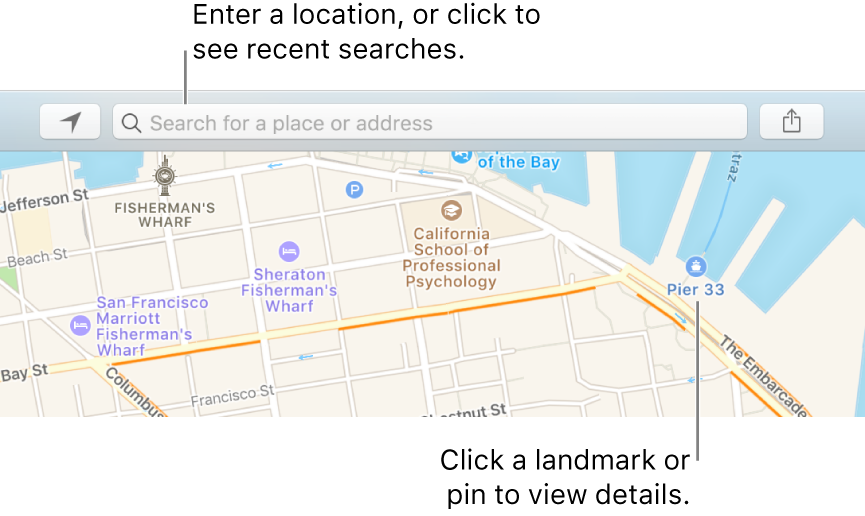 Enter a location in the search field, or click it to see recent searches. Click a landmark or pin to view details.