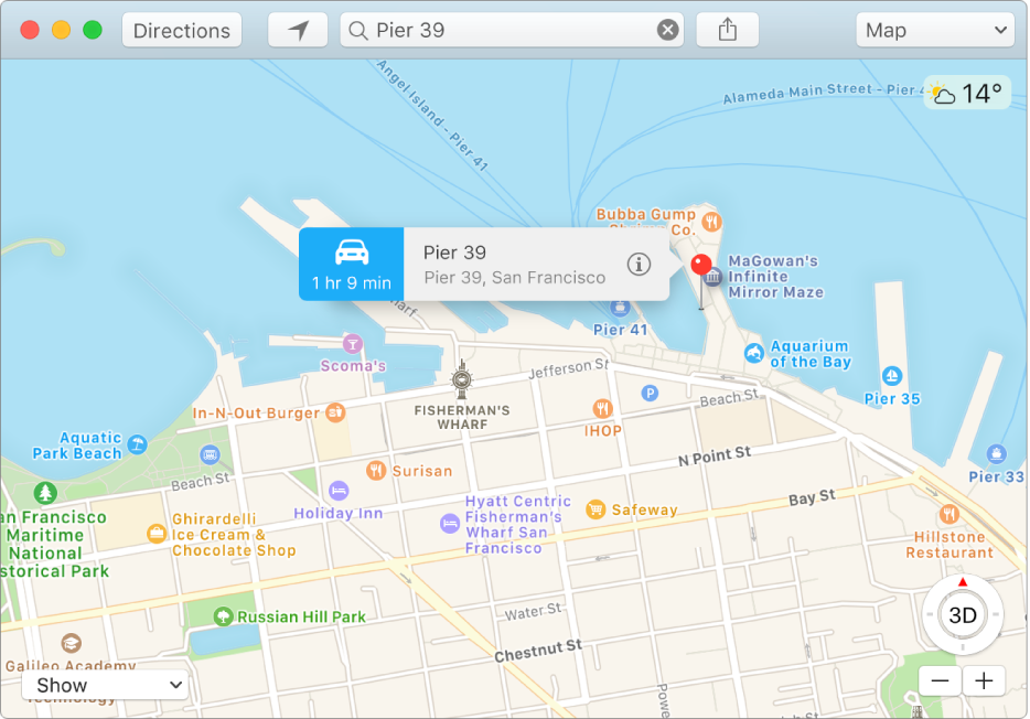 The Info window for a pin on the map showing the location’s address and the estimated travel time from your location.