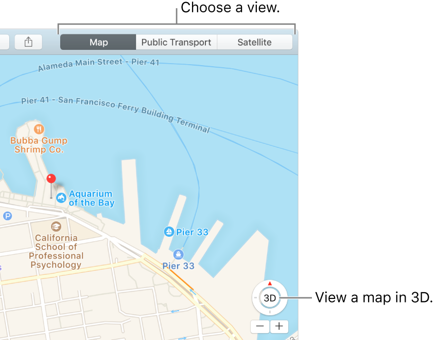 Click Map or Satellite in the toolbar to change your view. To view a map in 3D, click the button at the bottom of the window.