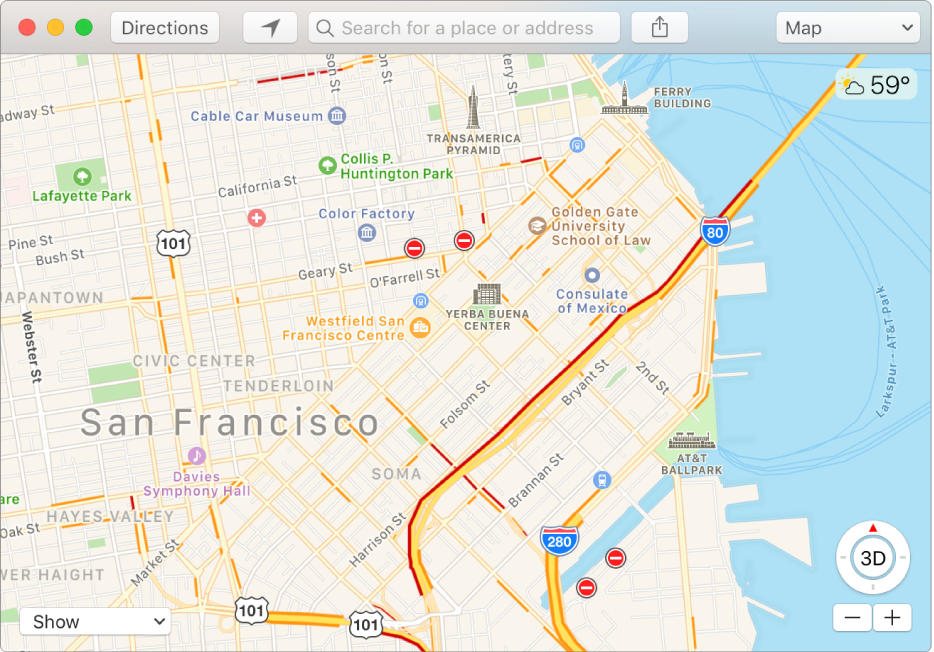 Maps window showing traffic conditions using icons on a map.