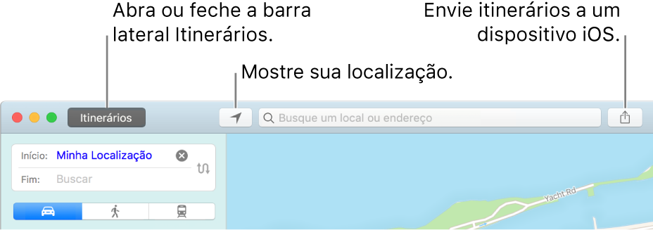 Janela do Mapas mostrando os botões Itinerários, Posição Atual e Compartilhar na barra de ferramentas.
