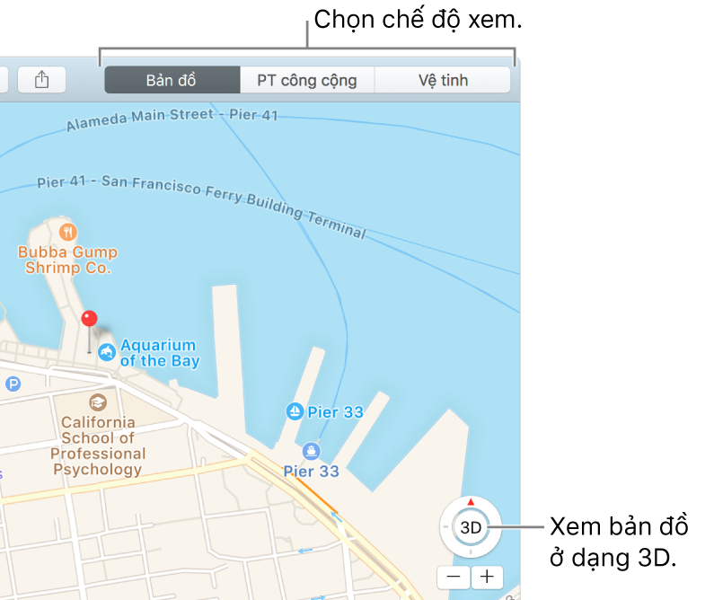 Bấm vào Bản đồ hoặc Vệ tinh trong thanh công cụ để thay đổi chế độ xem của bạn. Để xem bản đồ ở chế độ 3D, hãy bấm vào nút ở cuối cửa sổ.