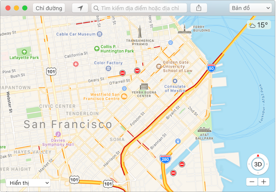 Cửa sổ Bản đồ đang hiển thị tình trạng giao thông bằng các biểu tượng trên bản đồ.