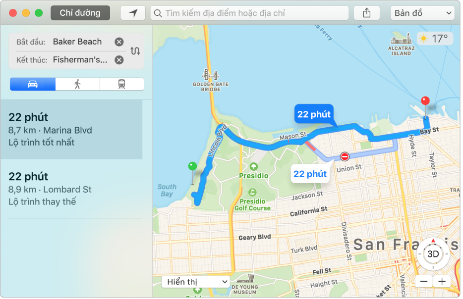 Cửa sổ Bản đồ đang hiển thị lộ trình đến điểm đến.