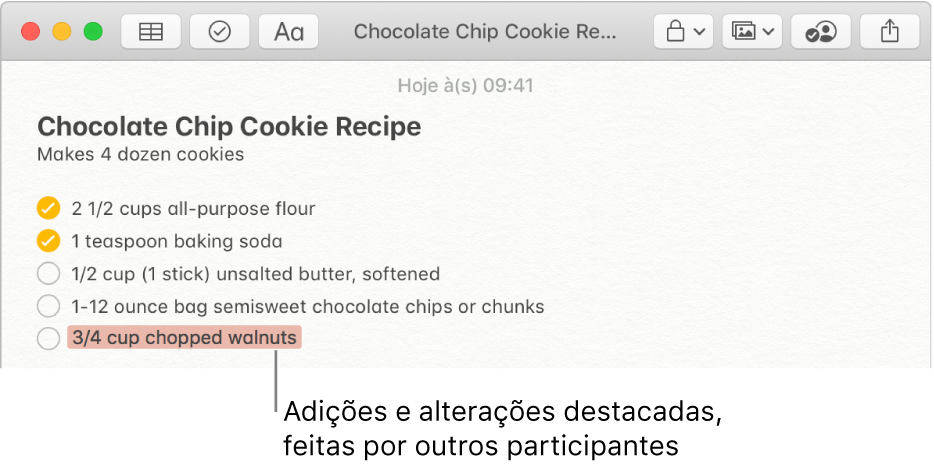 Uma nota com uma receita de biscoito de chocolate. As adições de outro participante são destacadas em vermelho.