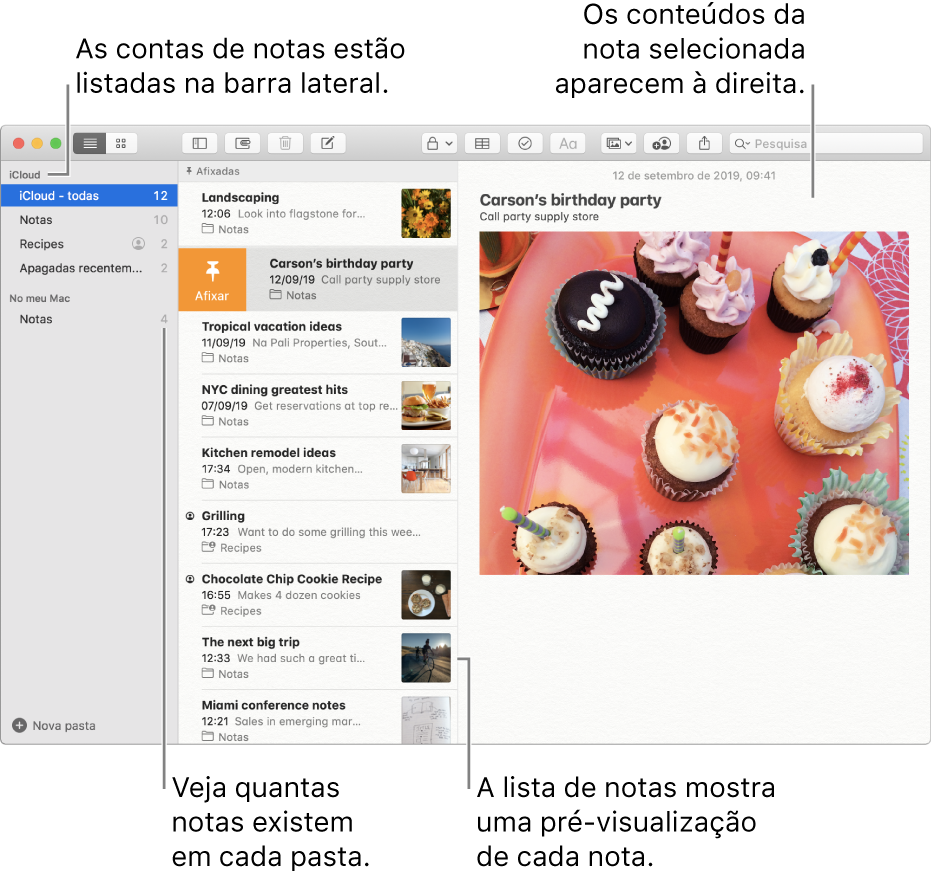A janela da aplicação Notas com todas as suas contas configuradas e pastas listadas na barra lateral à esquerda, a lista de notas ao centro a mostrar uma pré‑visualização de cada nota e o conteúdo da nota selecionada apresentado à direita. O número de notas aparece ao lado de cada pasta.