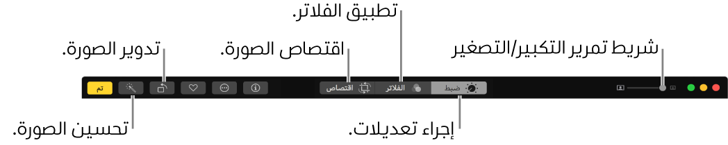 شريط أدوات التحرير تظهر به أزرار لإجراء التعديلات وإضافة الفلاتر واقتصاص الصور.