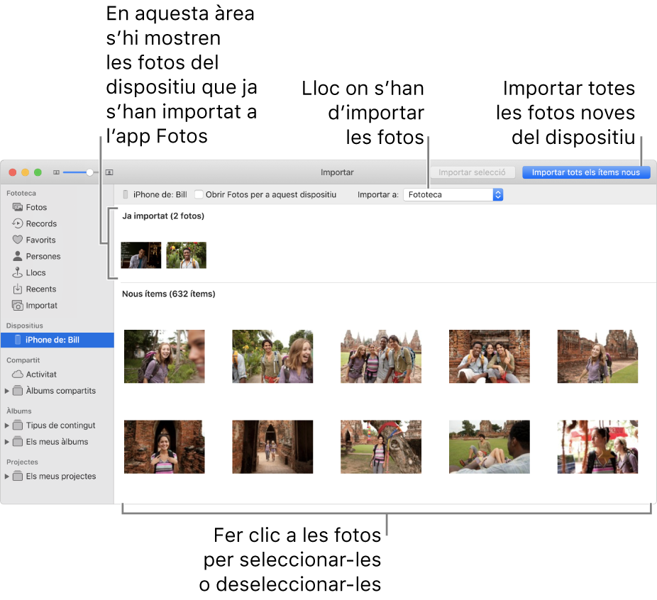 Les fotos del dispositiu que ja has importat es mostren a la part superior del tauler i les noves fotos es mostren a la part inferior. A la part superior central hi ha el menú desplegable ”Importar a”. El botó “Importar totes les fotos noves” és a la part superior dreta.