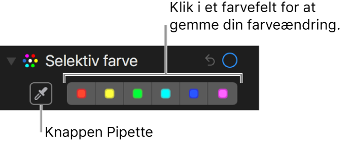 Betjeningsmuligheder til selektiv farve, der viser pipetteknappen og farvefelter.