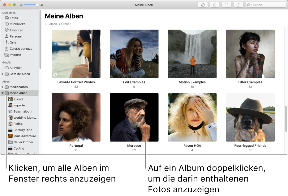 Das Fenster „Fotos“ mit ausgewähltem Ordner „Meine Alben“ in der Seitenleiste und den von dir erstellten Alben auf der rechten Fensterseite