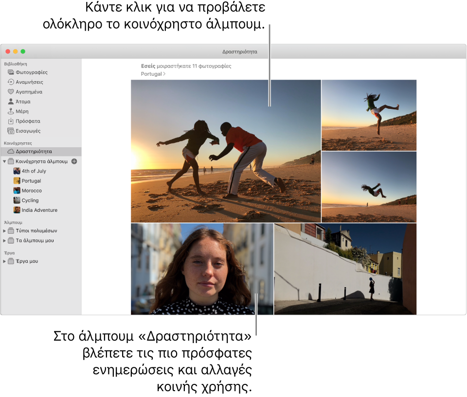 Το παράθυρο των Φωτογραφιών όπου εμφανίζεται το άλμπουμ «Δραστηριότητα».