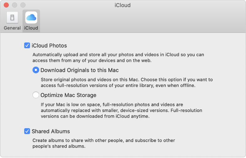 The iCloud pane of Photos preferences.