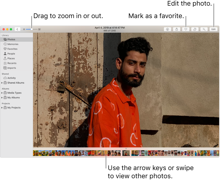 The Photos window showing an enlarged photo on the right with a row of thumbnails below. The toolbar at the top includes the Zoom slider, Favorite button, and Edit button.