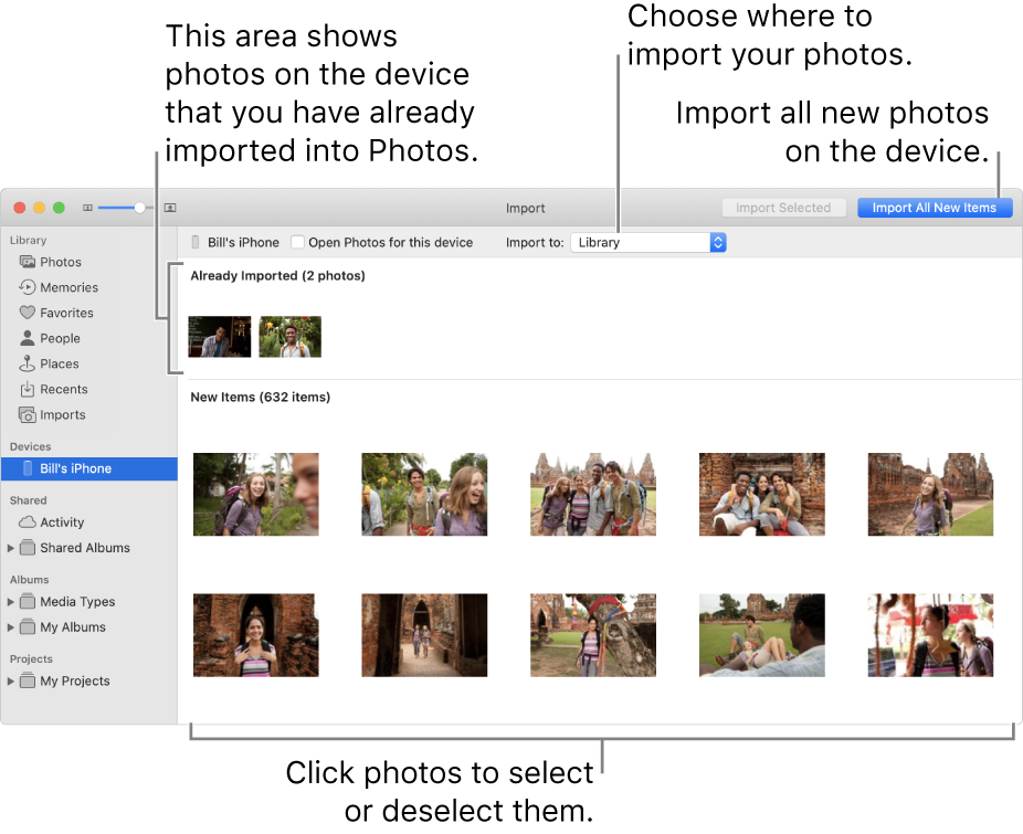 Photos on the device that you’ve already imported are shown at the top of the pane; new photos are at the bottom. At the top center is the “Import to” pop-up menu. The Import All New Photos button is at the top right.
