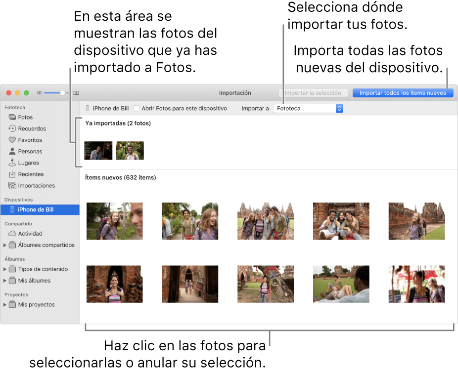 Las fotos del dispositivo que ya has importado se muestran en la parte superior del panel, y las fotos nuevas en la parte inferior. En la parte superior central se encuentra el menú desplegable “Importar a”. El botón “Importar todas las fotos nuevas” está en la parte superior derecha.