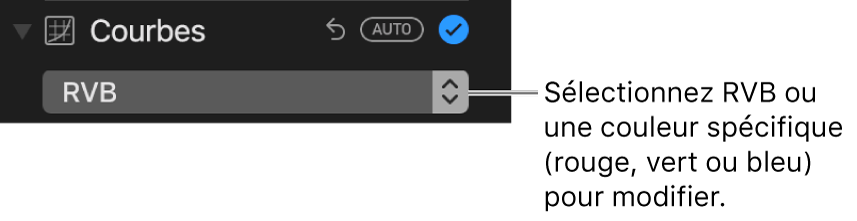 Les commandes de courbes présentant le RVB sélectionné dans le menu contextuel.