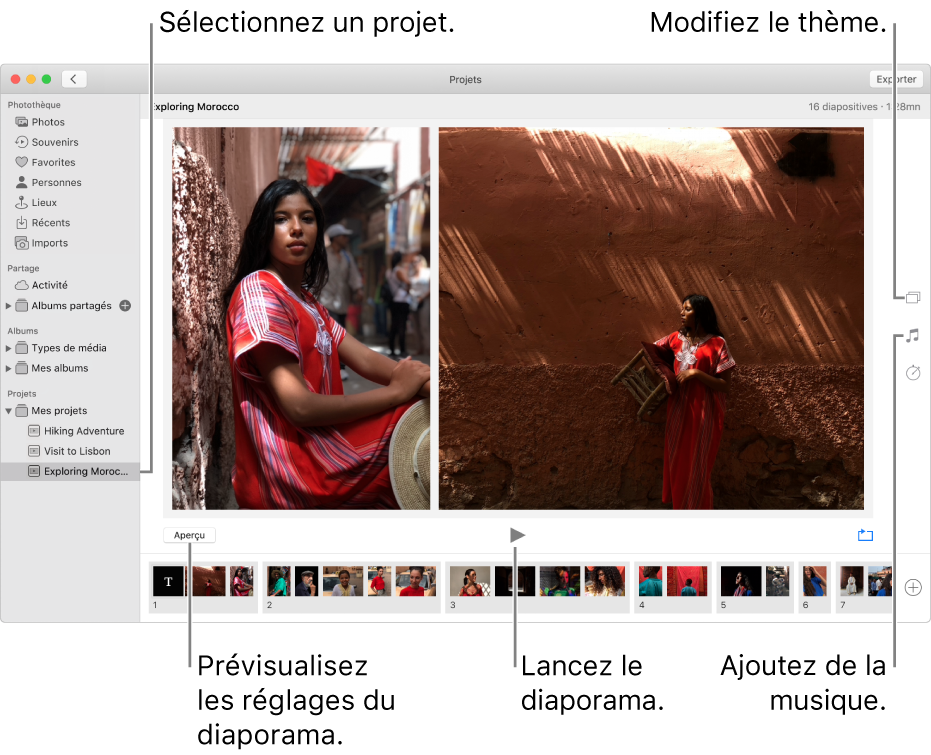 Fenêtre Photos présentant un diaporama dans la partie principale de la fenêtre, avec les boutons Aperçu, Lecture et le bouton de lecture en boucle sous l’image principale du diaporama ; vignettes de toutes les images du diaporama en bas de la fenêtre et, sur la droite, les boutons Thème, Musique et Durée.