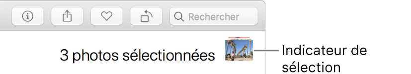 Un indicateur de sélection montrant que trois photos sont sélectionnées.