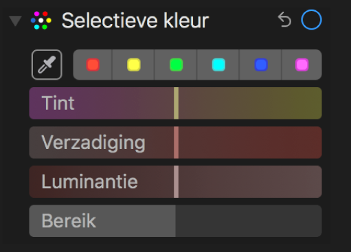 De regelaars voor 'Selectieve kleur' met schuifknoppen voor 'Tint', 'Verzadiging', 'Luminantie' en 'Bereik'.