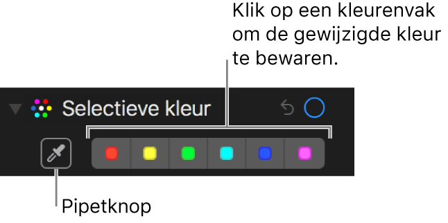 De regelaars voor 'Selectieve kleur' met de pipetknop en de kleurenvakken.