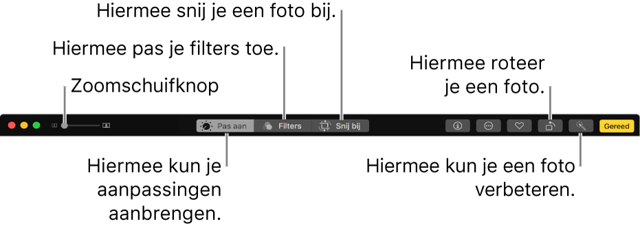 De wijzigingsknoppenbalk met knoppen om aanpassingen aan te brengen, filters toe te voegen en foto's bij te snijden.
