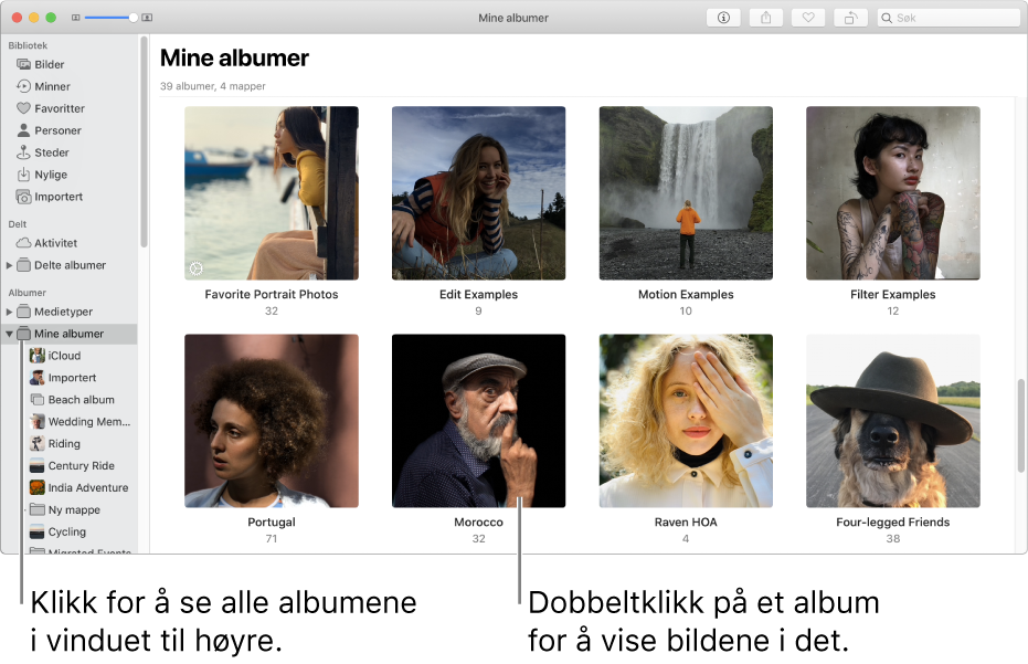 Bilder-vinduet med Mine albumer markert i sidepanelet, og albumene du har opprettet vist i vinduet til høyre.