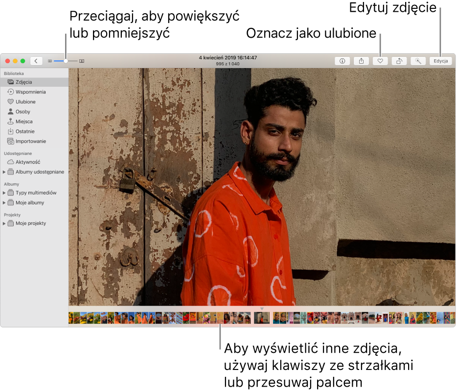 Zdjęcie okna aplikacji Zdjęcia z powiększonym zdjęciem po prawej i rzędem miniaturek na dole. Na pasku narzędzie na górze znajduje się suwak zoom, przycisk ulubionych oraz przycisk Edycja.