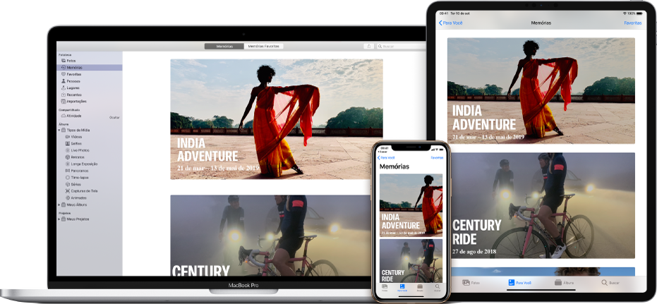 Um iPhone, um MacBook e um iPad mostrando as mesmas fotos.