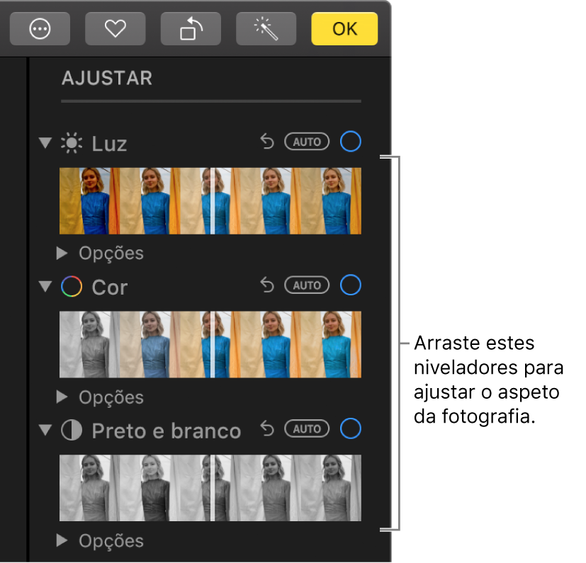 Os niveladores de Luz, Cor e “Preto e branco” no painel Ajustar. Por cima de cada nivelador aparece um botão designado Automático.