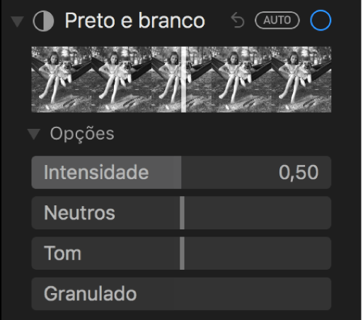 A área “Preto e branco” do painel Ajustar, com os niveladores de Intensidade, Neutros, Tom e Granulado.