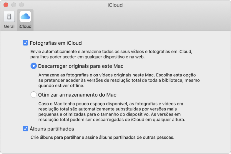 O painel iCloud das preferências de Fotografias.