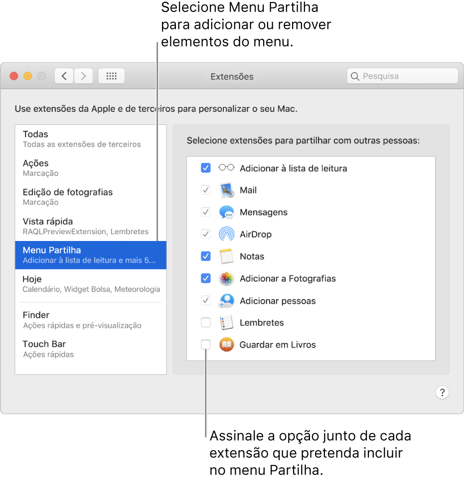 O painel Extensões das Preferências do Sistema, com a opção Menu Partilha selecionada e uma lista de extensões de terceiros à direita.