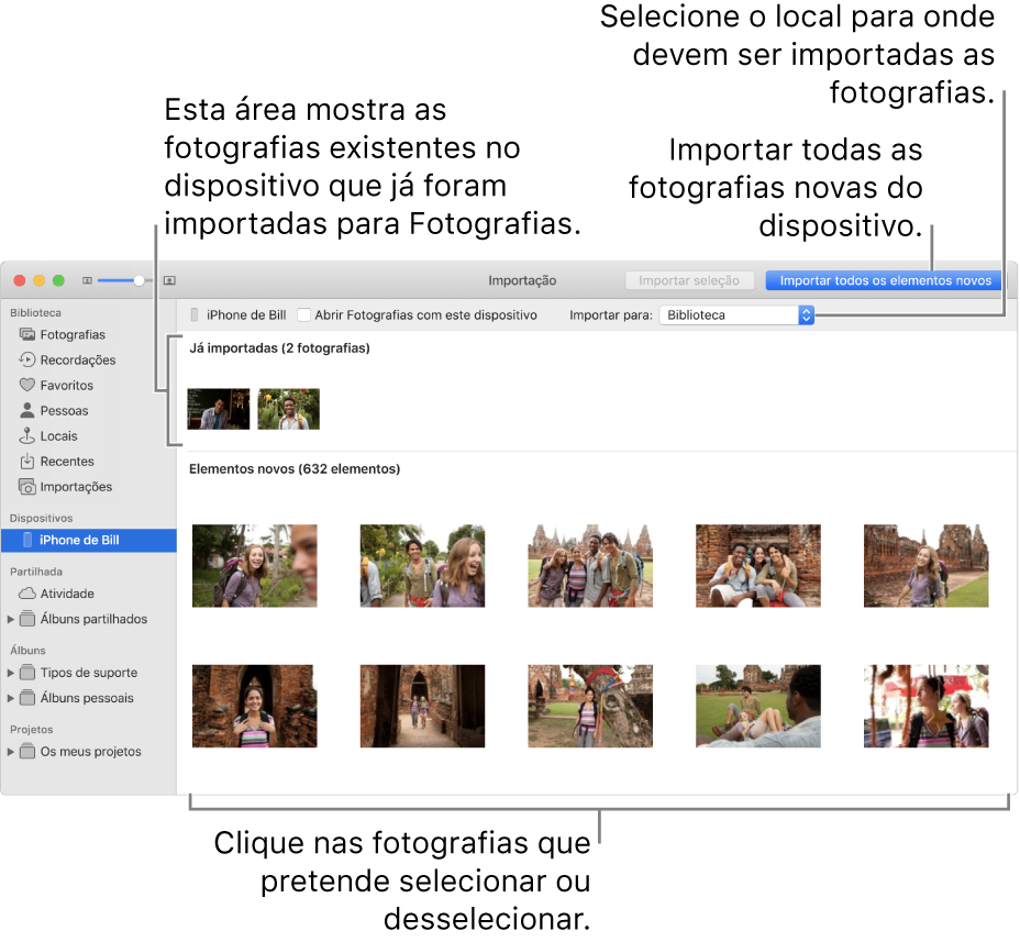 As fotografias que já foram importadas são apresentadas na parte superior do painel, e as fotografias novas na parte inferior. Na parte superior, ao centro, encontra-se o menu pop-up “Importar para”. O botão “Importar todas as fotografias novas” encontra-se na parte superior direita.